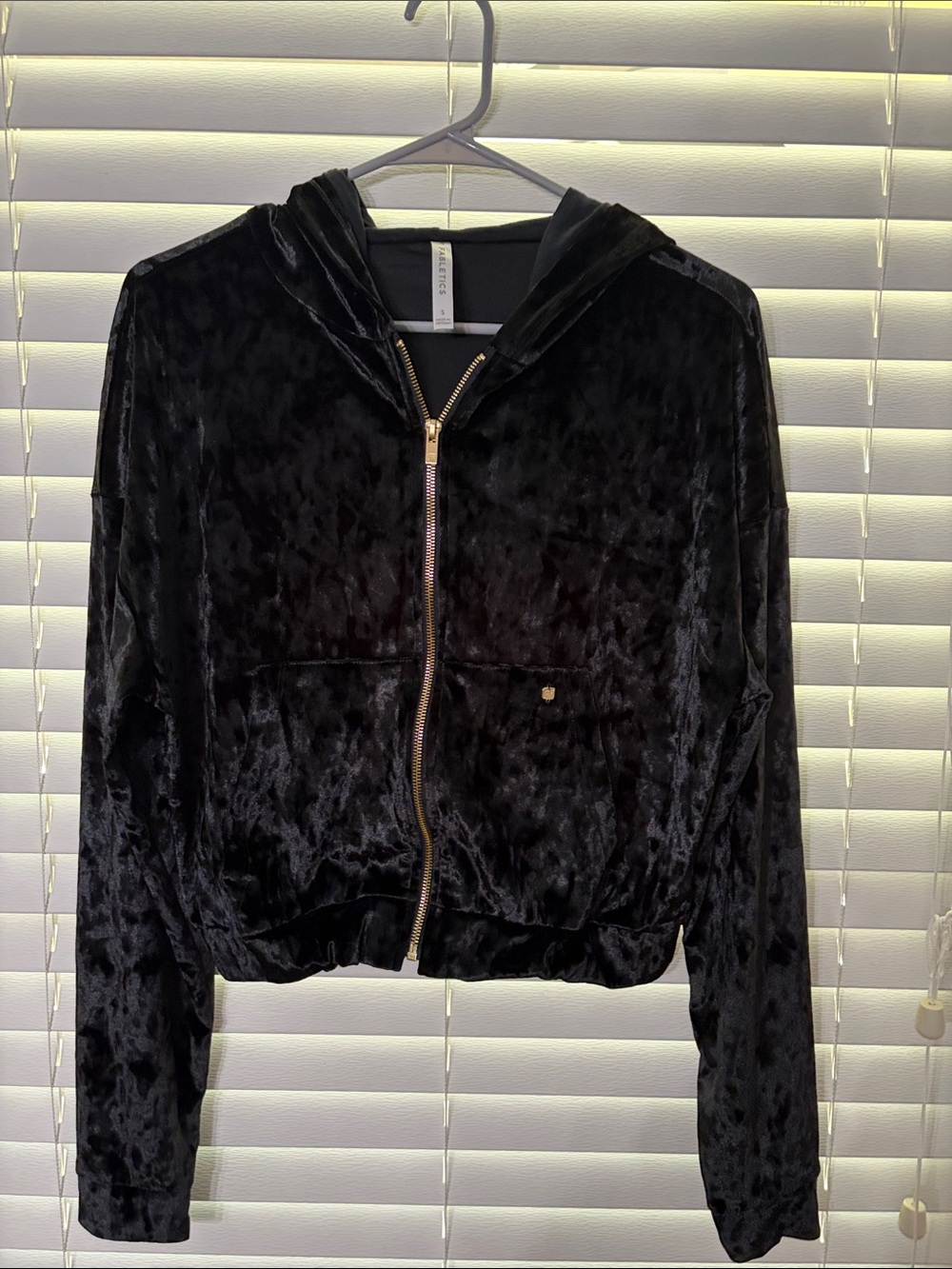 Fabletics Black Velvet Zip Hoodie with Gold-Tone Hardware